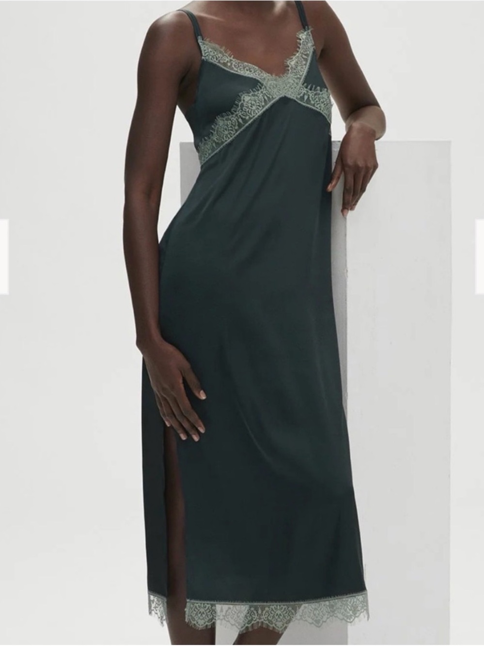 Simone Perele Dark Teal Satin Lace-Trim Slip Dress